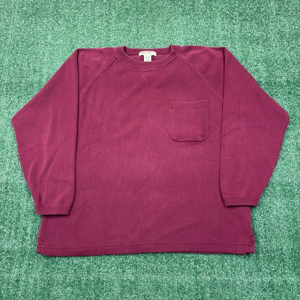 Vintage Eddie Bauer Sweater Burgundy Cotton Knit Pocket Crewneck M